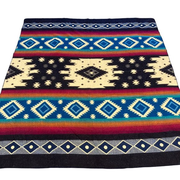 Twin Alpaca Blend Blanket Handcrafted Blue & Cream Tribal Ecuador Double Sided - Picture 2 of 6